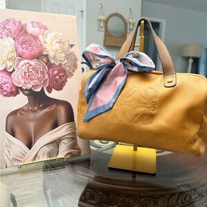 Loewe Vintage Mustard Yellow Leather Satchel with Pink & Blue Silk Scarf